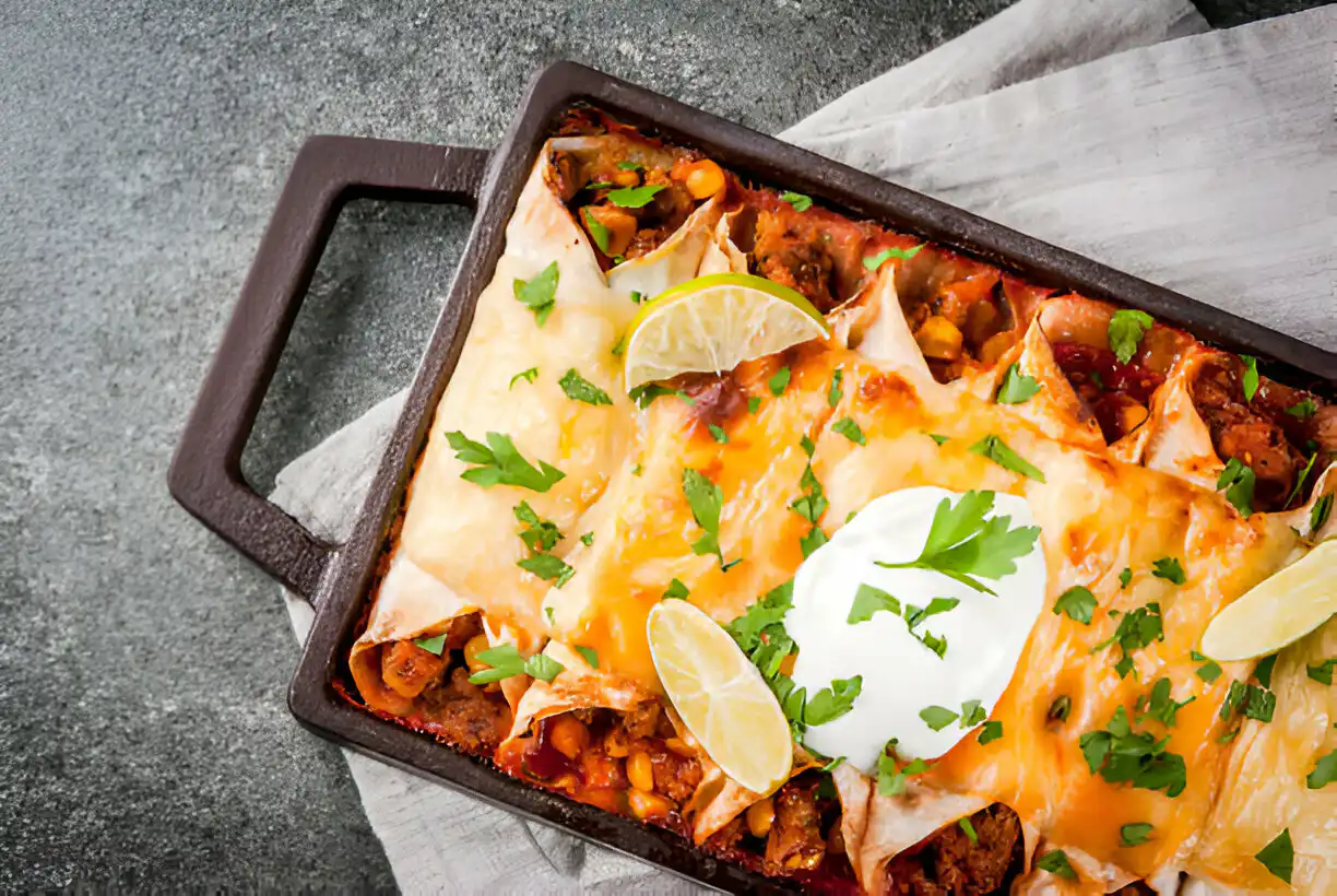 A dish of enchiladas served in a cast iron baking dish, topped with melted cheese, sour cream, lime slices, and fresh parsley.