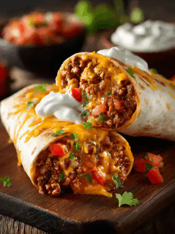 Cheesy Beefy Burrito Delight with Salsa and Sour Cream