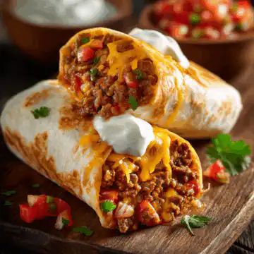 Cheesy Beefy Burrito Delight with Salsa and Sour Cream