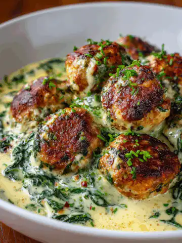 Chicken Ricotta Meatballs in Spinach Alfredo Sauce