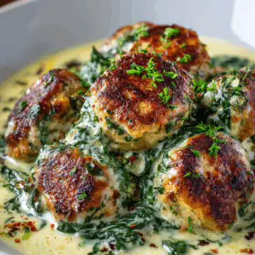 Chicken Ricotta Meatballs in Spinach Alfredo Sauce