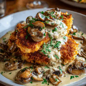 Crispy Golden Chicken With Creamy Parmesan Mushroom Sauce