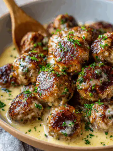 Easy Garlic Butter Meatballs served over creamy
