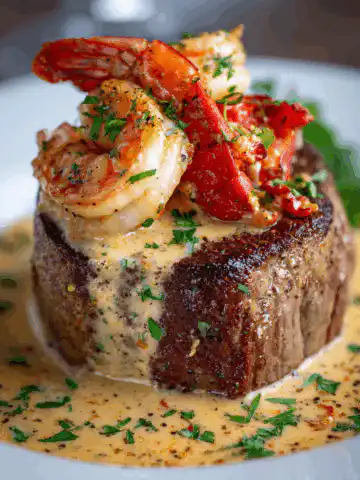 Filet Mignon with Shrimp and Lobster Cream Sauce