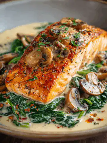 Garlic Butter Salmon With Spinach & Mushrooms In Creamy Sauce