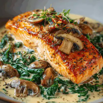 Garlic Butter Salmon With Spinach & Mushrooms In Creamy Sauce