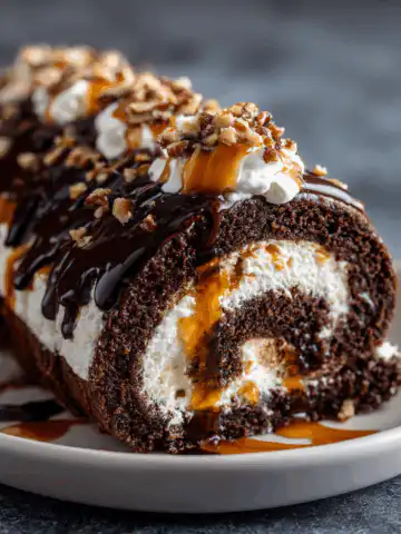 Gooey Chocolate Caramel Turtle Cake Roll