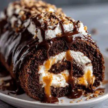 Gooey Chocolate Caramel Turtle Cake Roll