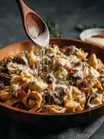 One-Pot Cheesesteak Tortellini with Provolone Sauce