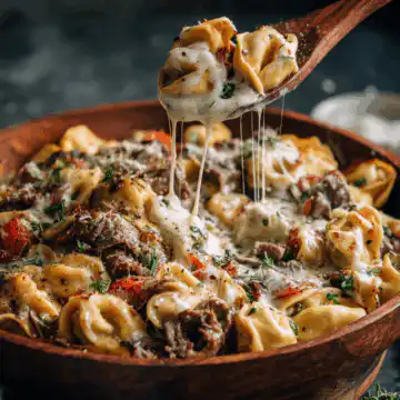 One-Pot Cheesesteak Tortellini with Provolone Sauce