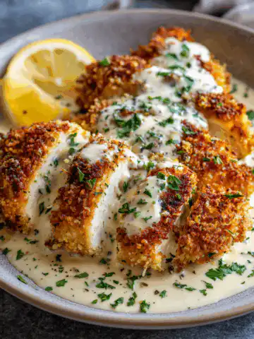 Parmesan Crusted Chicken With Creamy Garlic Sauce