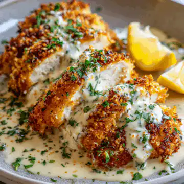 Parmesan Crusted Chicken With Creamy Garlic Sauce