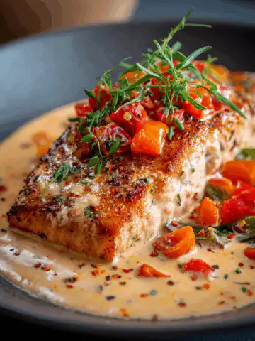 Salmon with Roasted Pepper Cream Sauce