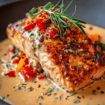 Salmon with Roasted Pepper Cream Sauce