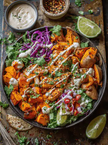 Sheet Pan Buffalo Chicken & Sweet Potato Bowl