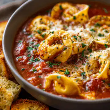 Slow Cooker Tomato Tortellini Soup with Cheddar Toast Bites