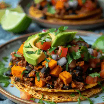 Black Bean and Sweet Potato Tostadas taken with iphone 15 pro max --iw 2 --ar 4:5 --v 6.0 --raw