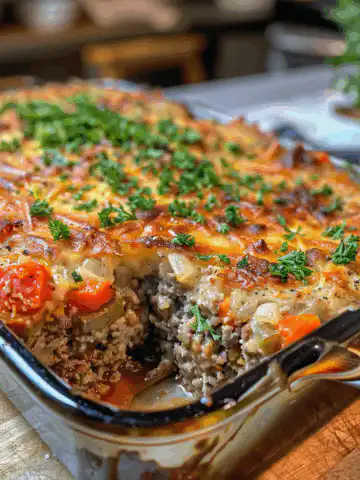 Cheesy Loaded Meatloaf Casserole with Vegetables taken with iphone 15 pro max --iw 2 --ar 4:5 --v 6.0 --raw