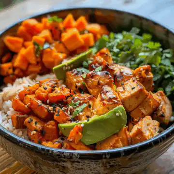 Chicken and Sweet Potato Rice Bowl taken with iphone 15 pro max --iw 2 --ar 4:5 --v 6.0 --raw