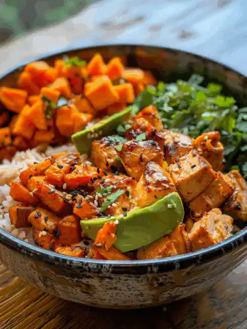 Chicken and Sweet Potato Rice Bowl taken with iphone 15 pro max --iw 2 --ar 4:5 --v 6.0 --raw