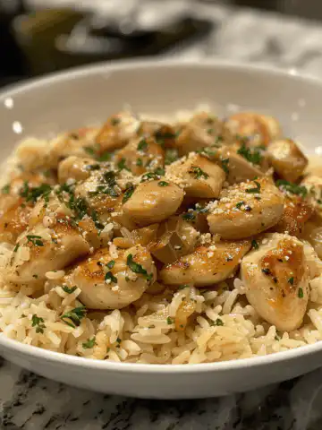 Chicken Scampi with Garlic Parmesan Rice taken with iphone 15 pro max --iw 2 --ar 4:5 --v 6.0 --raw