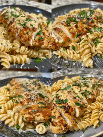 Creamy Garlic Parmesan Chicken with Cheesy Twisted Pasta taken with iphone 15 pro max --iw 2 --ar 4:5 --v 6.0 --raw