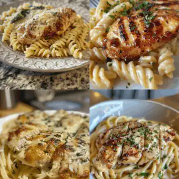 Creamy Garlic Parmesan Chicken with Cheesy Twisted Pasta taken with iphone 15 pro max --iw 2 --ar 4:5 --v 6.0 --raw