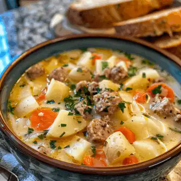 Creamy Italian Sausage and Potato Soup taken with iphone 15 pro max --iw 2 --ar 4:5 --v 6.0 --raw