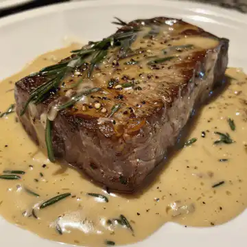 French Seared Steak with Cognac Cream Sauce taken with iphone 15 pro max --iw 2 --ar 4:5 --v 6.0 --raw