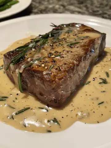 French Seared Steak with Cognac Cream Sauce taken with iphone 15 pro max --iw 2 --ar 4:5 --v 6.0 --raw