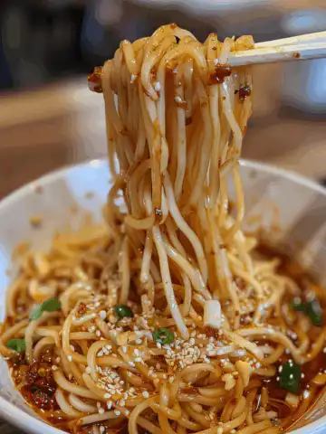 Garlic Chili Oil Noodles taken with iphone 15 pro max --iw 2 --ar 4:5 --v 6.0 --raw