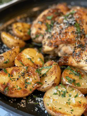 Garlic Parmesan Chicken and Potatoes taken with iphone 15 pro max --iw 2 --ar 4:5 --v 6.0 --raw