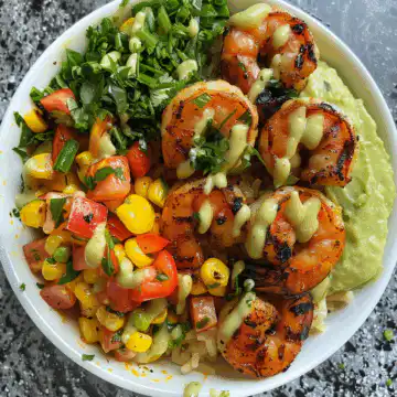 Grilled Shrimp Bowl with Avocado Corn Salsa & Garlic Sauce Recipe taken with iphone 15 pro max --iw 2 --ar 4:5 --v 6.0 --raw