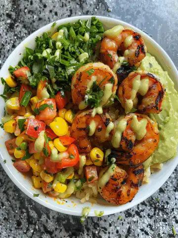 Grilled Shrimp Bowl with Avocado Corn Salsa & Garlic Sauce Recipe taken with iphone 15 pro max --iw 2 --ar 4:5 --v 6.0 --raw