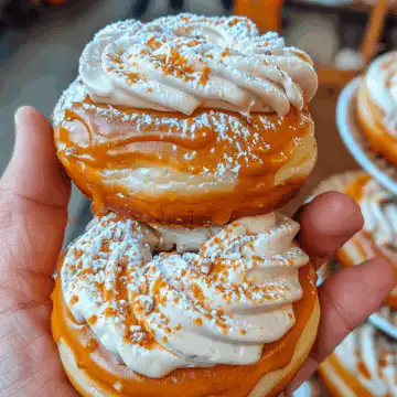 Indulge in Delicious Pumpkin Cream Filled Donuts for Fall Fun! taken with iphone 15 pro max --iw 2 --ar 4:5 --v 6.0 --raw