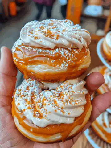 Indulge in Delicious Pumpkin Cream Filled Donuts for Fall Fun! taken with iphone 15 pro max --iw 2 --ar 4:5 --v 6.0 --raw