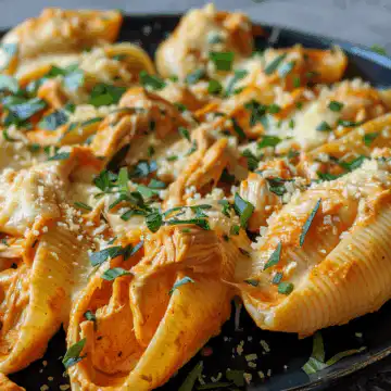 Irresistible Creamy Buffalo Chicken Stuffed Shells taken with iphone 15 pro max --iw 2 --ar 4:5 --v 6.0 --raw