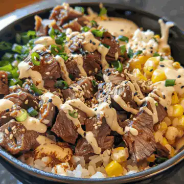 Korean BBQ Beef Bowl with Corn & Creamy Sauce taken with iphone 15 pro max --iw 2 --ar 4:5 --v 6.0 --raw