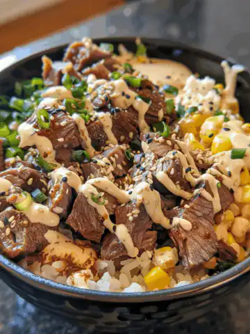 Korean BBQ Beef Bowl with Corn & Creamy Sauce taken with iphone 15 pro max --iw 2 --ar 4:5 --v 6.0 --raw