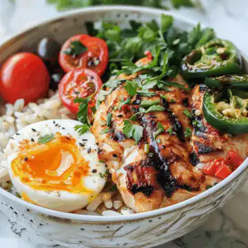 Mediterranean Chicken and Rice Bowl taken with iphone 15 pro max --iw 2 --ar 4:5 --v 6.0 --raw