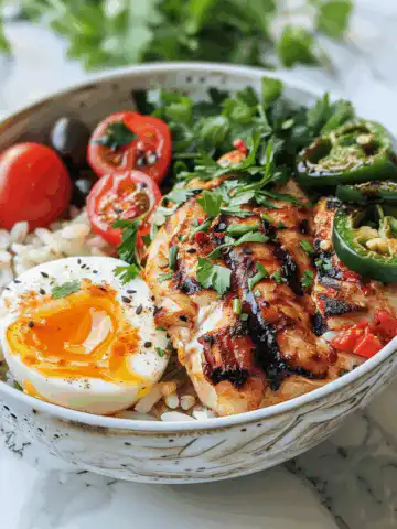 Mediterranean Chicken and Rice Bowl taken with iphone 15 pro max --iw 2 --ar 4:5 --v 6.0 --raw