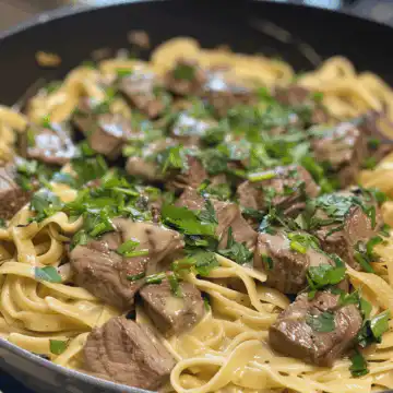 One-Pot Creamy Spicy Garlic Butter Steak & Pasta taken with iphone 15 pro max --iw 2 --ar 4:5 --v 6.0 --raw