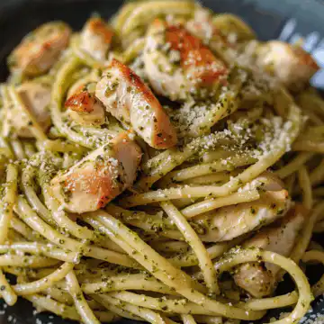 Pesto Pasta with Parmesan Chicken taken with iphone 15 pro max --iw 2 --ar 4:5 --v 6.0 --raw