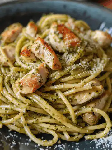 Pesto Pasta with Parmesan Chicken taken with iphone 15 pro max --iw 2 --ar 4:5 --v 6.0 --raw