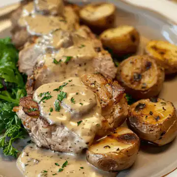 Pork Tenderloin with Dijon Cream Sauce taken with iphone 15 pro max --iw 2 --ar 4:5 --v 6.0 --raw