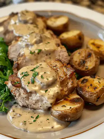 Pork Tenderloin with Dijon Cream Sauce taken with iphone 15 pro max --iw 2 --ar 4:5 --v 6.0 --raw