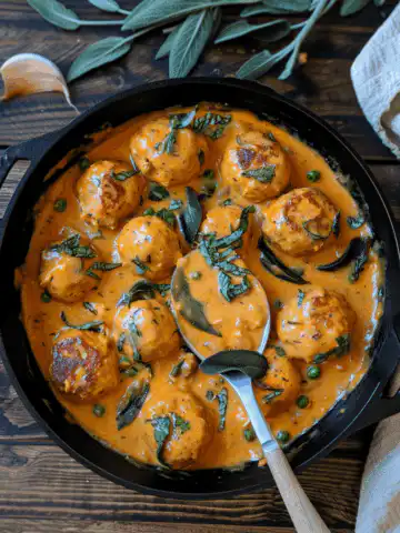 Pumpkin Chicken Meatballs in Sage Cream Sauce - Spice Up Bites taken with iphone 15 pro max --iw 2 --ar 4:5 --v 6.0 --raw