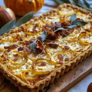 Pumpkin, Ricotta & Caramelized Onion Tart with Bacon and Sage taken with iphone 15 pro max --iw 2 --ar 4:5 --v 6.0 --raw