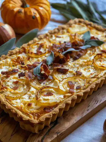 Pumpkin, Ricotta & Caramelized Onion Tart with Bacon and Sage taken with iphone 15 pro max --iw 2 --ar 4:5 --v 6.0 --raw