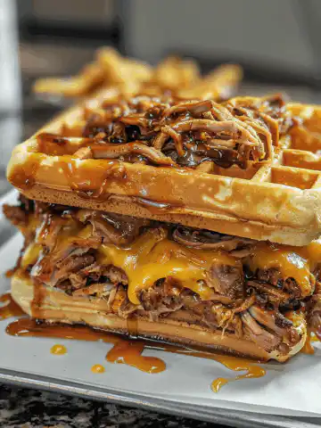 Slow Cooker BBQ Pulled Pork Waffle Sandwich taken with iphone 15 pro max --iw 2 --ar 4:5 --v 6.0 --raw
